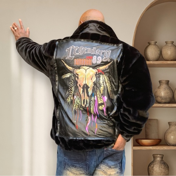 Men’s Davoucci Black Faux FurGenuine Leather Patch Fashion Jacket NWT